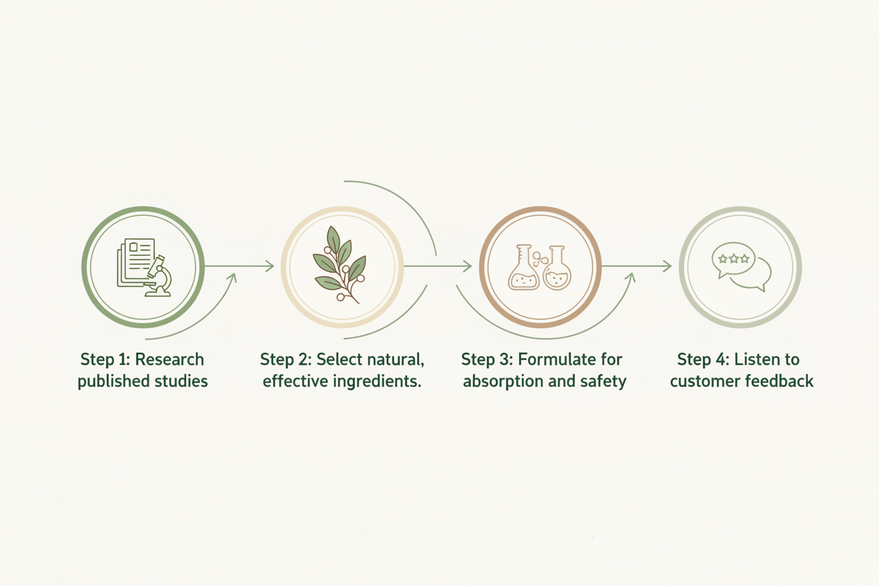 create a time line graphic with these steps
Research published studies

Select natural, effective ingredients

Formulate for absorption and safety

Listen to customer feedback
